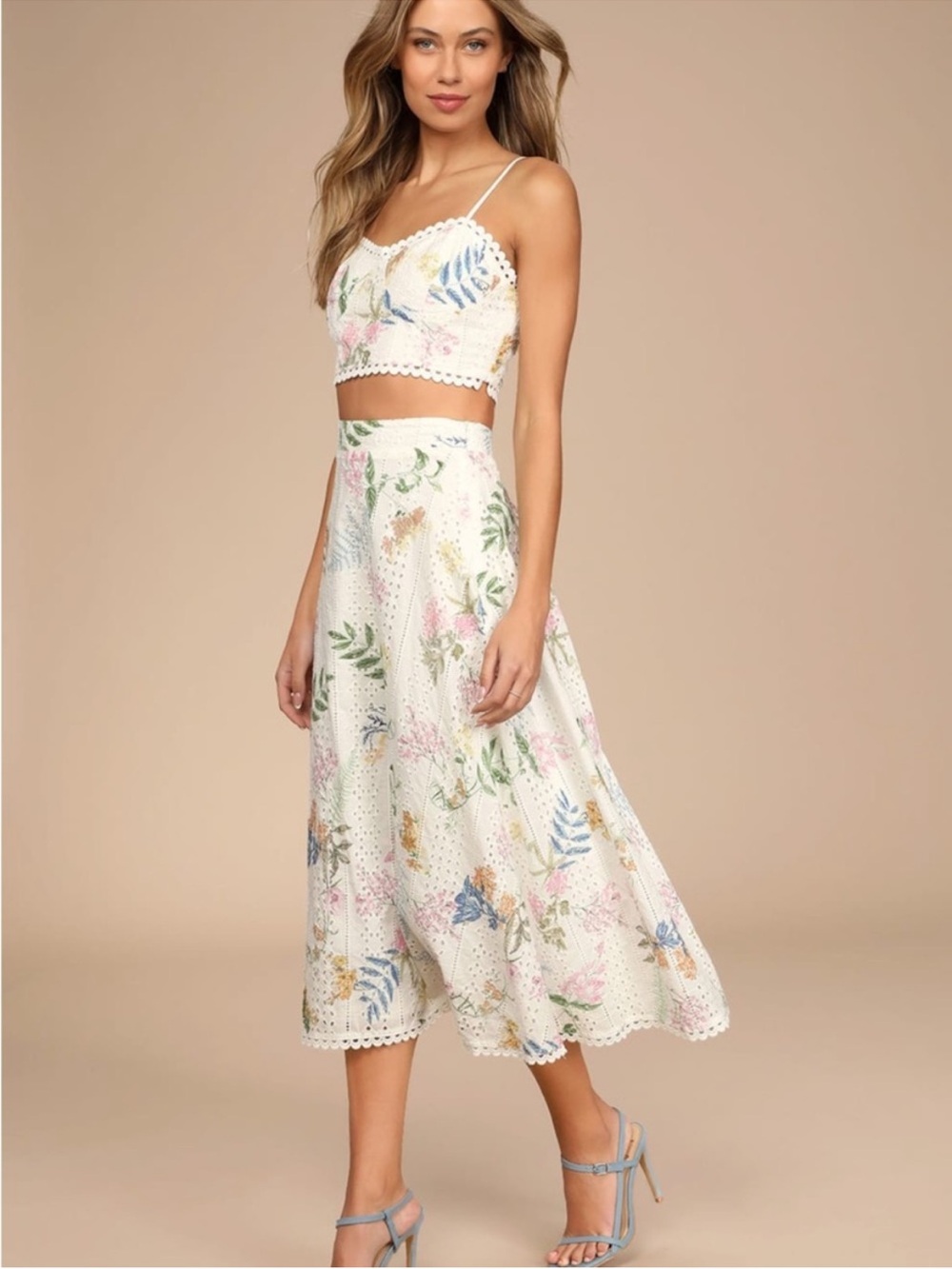 Lulu's White Floral Two-Piece Eyelet Skirt  Set Sz:S - Picture 2 of 14